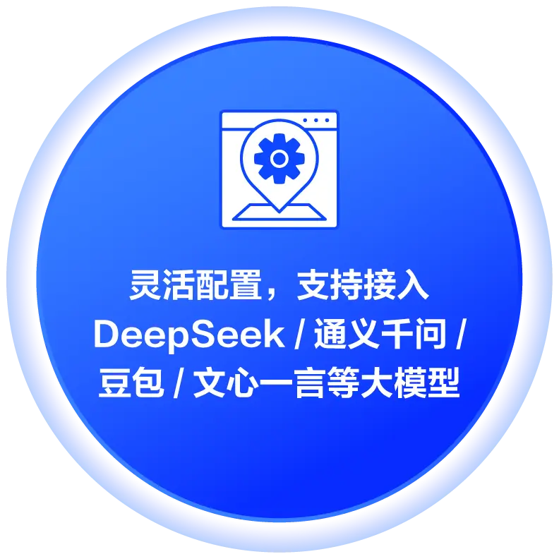 灵活配置，支持接入DeepSeek /通义千问/豆包/文心一言等大模型
